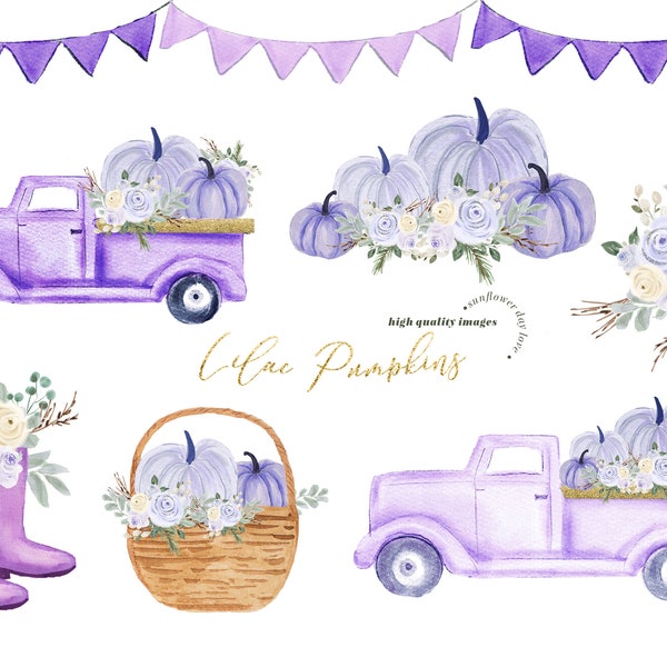 Lilac Purple Pumpkin Truck clipart, Watercolor Pastel Purple Flowers Digital Planner clipart, Fall Autumn Pumpkin floral Leaves clipart