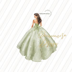 Sage Green Princess Watercolor Clipart, Dusty Green Quinceañera Dresses, Silver Glitter Mis Quince Spanish 15 Años, 16th Birthday, CA208