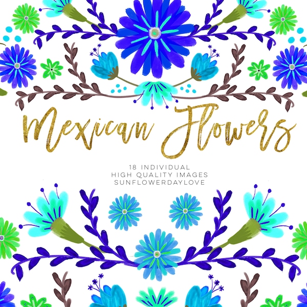 Blue Mexican Watercolor Floral clipart, Blue fiesta flowers clip art, cinco de mayo clip art, Blue mexican clip art Spanish Mexican Folklore