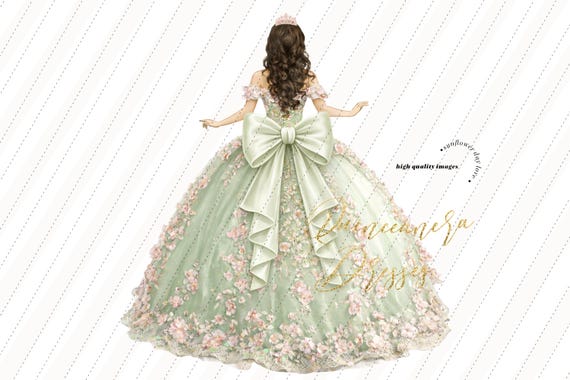 sage green and pink quince dress With Princess Dresses Quinceañera Birthday, Pink Floral Watercolor Coquette Bow Clipart, Mis Clipart Invitation S530 sage green quince dress with flowers