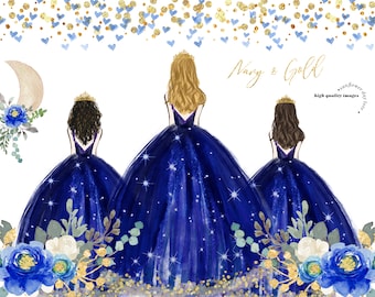 Elegant Navy & Royal Blue Princess Dresses and MIS XV ANOS watercolor Clipart, Navy Quinceañera Flowers clipart, Gold Glitter clipart, CA104