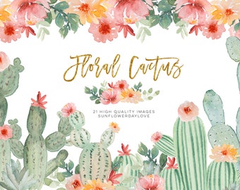 Watercolor Floral Cactus Clipart, Mexican Cactus Greenery Clip Art, Cactus digital clipart collection, watercolor cactus clipart