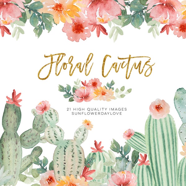 Watercolor Floral Cactus Clipart, Mexican Cactus Greenery Clip Art, Cactus digital clipart collection, watercolor cactus clipart