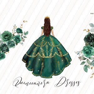 May include: A green and gold quincea&ntilde;era dress with a floral design. The dress is a ball gown style with a full skirt and a fitted bodice. The dress is decorated with gold embroidery and sequins. The dress is surrounded by green floral arrangements.