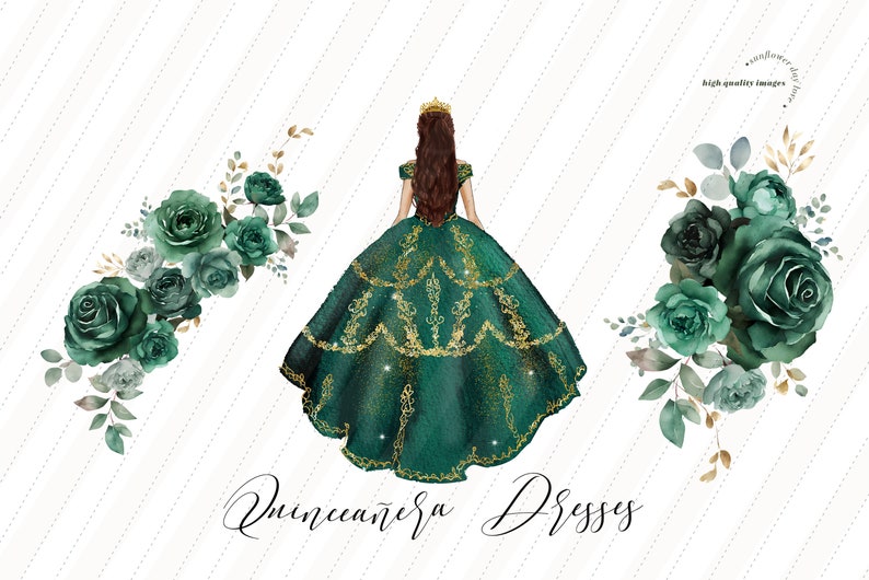 May include: A green and gold quincea&ntilde;era dress with a floral design. The dress is a ball gown style with a full skirt and a fitted bodice. The dress is decorated with gold embroidery and sequins. The dress is surrounded by green floral arrangements.
