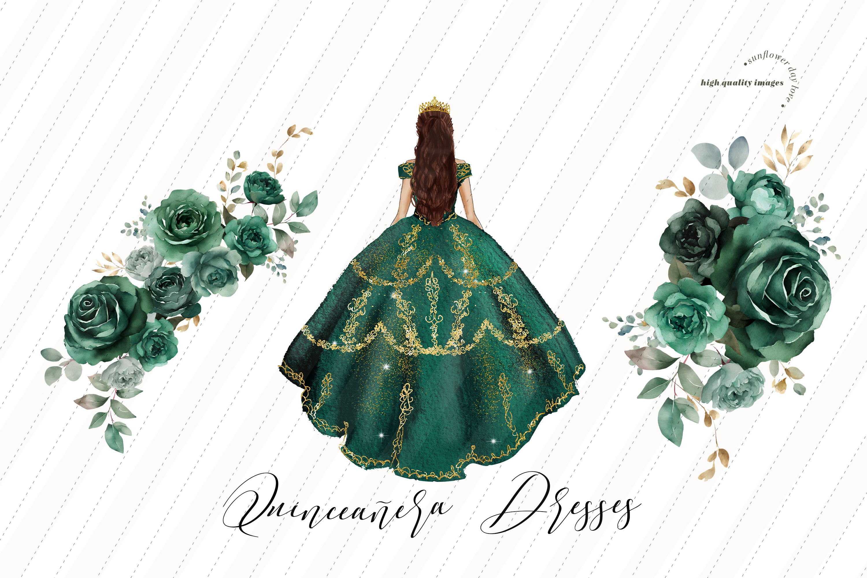 Emerald Green Princess Dress Clipart, Green Flowers 16th Watercolor Clipart, Hunter Green Quinceañera Clipart, Mexican Premade Quince, CA155