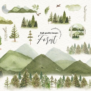 Clipart di pini di montagna invernali, cornice di albero di Natale invernale, clipart di verde foresta ad acquerello, clipart di illustrazione di albero dipinto a mano