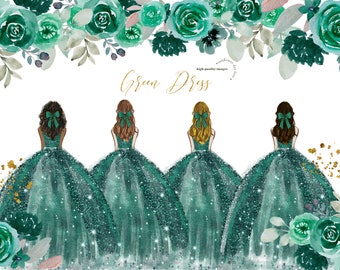 Emerald Green Princess Dress Clipart, Green Flowers watercolor clipart, Hunter Green Quineanera clipart, Wedding Gold Geometric, CA104