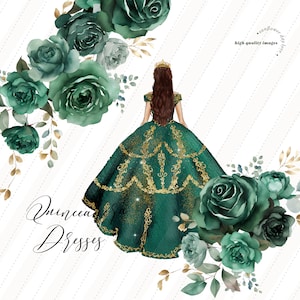 May include: A green and gold princess dress with a floral design. The dress is worn by a woman with long brown hair and a crown. The background is white with a subtle striped pattern.