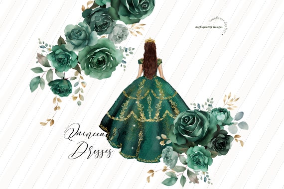Emerald Green Princess Dress Clipart, Green Flowers 16th Watercolor  Clipart, Hunter Green Quinceaera Clipart, Mexican Premade Quince, CA155 -  Etsy Ireland