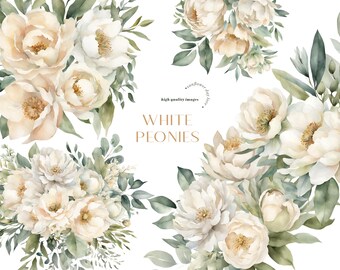 Elegant White Peonies Flowers Watercolor Bouquets Clipart, White Floral Wedding Premade Gold Geometric Frames, Ivory White Party Supplies