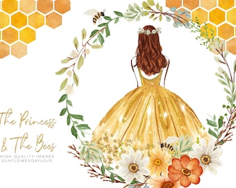 The Princess and The Bees, Daisies & Bee watercolor Clipart, Greeting Cards, Daisy Elements clipart, Honey bee invitation, illustrations