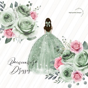 May include: A digital illustration of a green sparkly quinceañera dress with a green and pink floral design. The text "Quinceañera Dresses" is written below the dress.