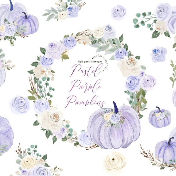 Pastel Purple Pumpkin clipart, Watercolor Pastel Purple Flowers Clipart, Digital Planner clipart, Fall Autumn Pumpkin floral Leaves clipart