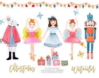 Nutcracker Clip Art, Christmas ballet illustration, Winter Watercolor Holiday Clipart Digital Download holiday card planner sticker DIY