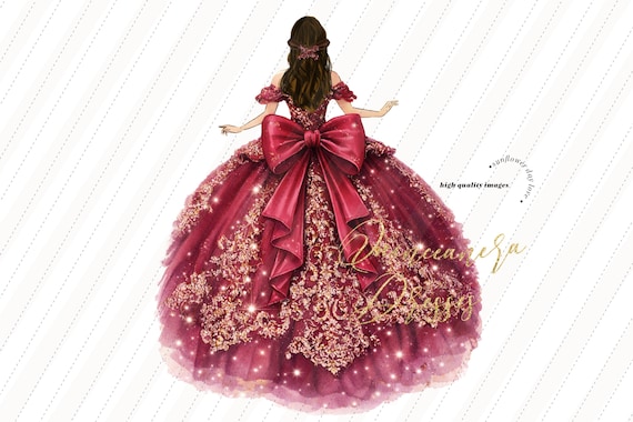 Elegant Burgundy Princess Dresses Quinceañera Birthday, Gold Glitter Watercolor Red Coquette Bow Clipart, Mis Quince Clipart Invitation S530