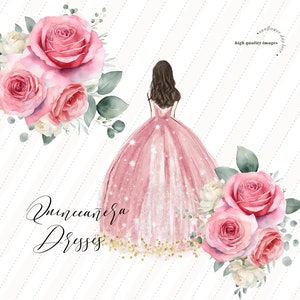 Elegante Rosa Prinzessin Kleider Quinceamaßa, Blush Rosa Blumen Süß 16.Geburtstag Aquarell Clipart, Vorgefertigte Mis Quince Mode, CA104