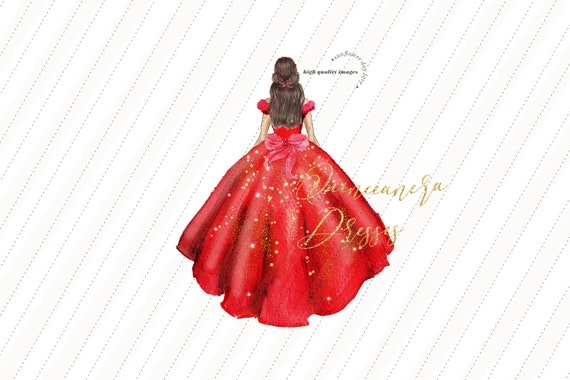 Red Princess Watercolor Dress Mexican Quincea era Clipart Elegant