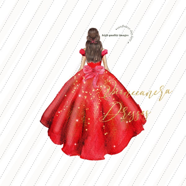 Aquarelle princesse rouge robe mexicaine Quinceañera clipart, rouge élégant belles robes de mariée Mis coing anniversaire paillettes d'or, CA154