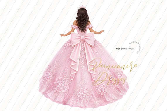 pink princess dress clipart Pink Princess Dresses Quinceañera, Pink Floral Watercolor Clipart, Brown  Skin Princess Pink Clipart, Mis Quince Clipart Invitation, S530