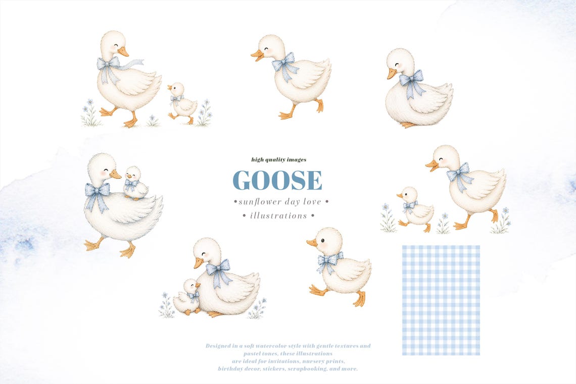 Cute Baby Goose Clipart, Blue Bow Coquette Goose Watercolor Gingham ...