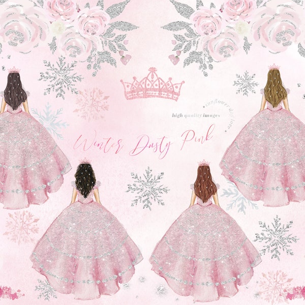 Winter Snowflake Dusty Pink Princess Dresses watercolor Floral Clipart, Mate Rose Gold Quinceañera Flowers Wedding Dress Silver Glitter