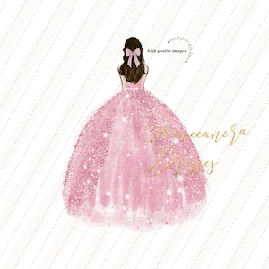 Pink Princess watercolor clipart, Blush Pink Quinceañera clipart, Elegant Wedding Dresses Mis quince Birthday Pink Silver Glitter, CA104