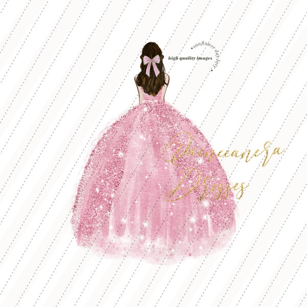 Pink Princess watercolor clipart, Blush Pink Quinceañera clipart, Elegant Wedding Dresses Mis quince Birthday Pink Silver Glitter, CA104