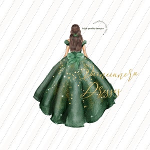 Clipart de acuarela de princesa verde esmeralda, clipart de quinceañera verde cazador, elegantes vestidos de novia, cumpleaños de mis quince, brillo dorado, CA154