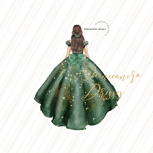 Emerald Green Princess watercolor clipart, Hunter Green Quinceañera clipart, Elegant Wedding Dresses Mis quince Birthday Gold Glitter, CA154