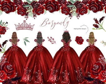Burgundy & Gold Princess Dress Clipart, Burgundy Flowers watercolor clipart, Marsala Quinceañera clipart, Burgundy Gold Wedding, CA158