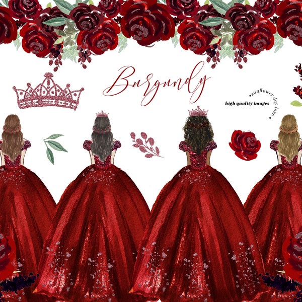 Burgundy & Gold Princess Dress Clipart, Burgundy Flowers watercolor clipart, Marsala Quinceañera clipart, Burgundy Gold Wedding, CA158