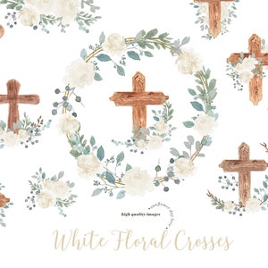 White Flowers Easter Cross Baptism Clipart, Greenery Floral Cross, Green Leaves Watercolor, White Flowers Wreath Holy Spirit Christening