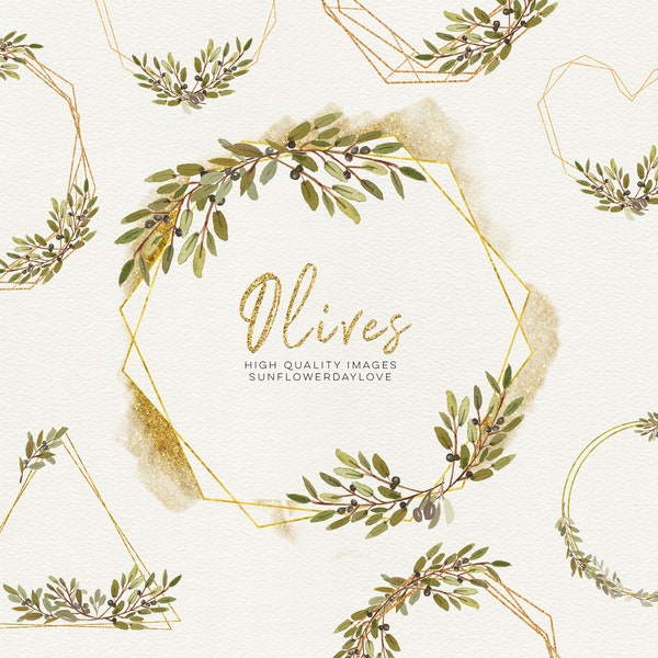 Frame Olive botanical leaves, Olive Branch watercolor clip art illustrations, Bohemian Boho, Hand Painted, Olive Gold Frame Leaf Clip art