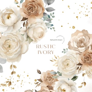 Elegante rustikale Elfenbein Blumen Blumensträuße Clipart, weiße Blumenhochzeit vorgefertigte geometrische Goldrahmen, Elfenbein weiße Partybedarf