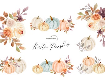 Mint Orange & White Cream Pumpkin clipart, Pumpkin watercolor clipart, Fall autumn Boho Floral Leaves, Greenery Pumpkin Digital Clip art