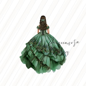 Clipart de acuarela de princesa verde esmeralda, clipart de quinceañera verde cazador, elegantes vestidos de novia, cumpleaños de mis quince, brillo dorado, CA154