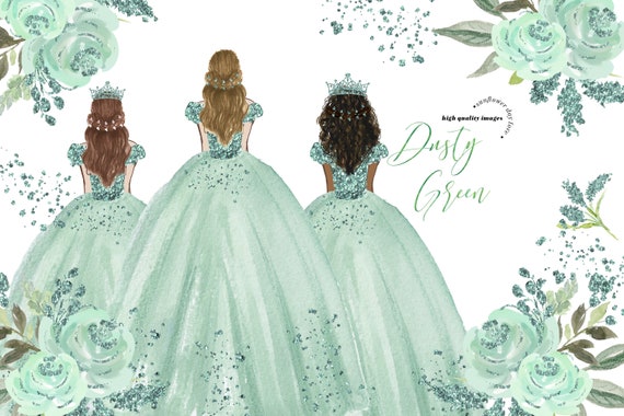 Elegant Dusty Green Princess Dress Clipart, Dusty Green Flowers Watercolor,  Sage Green Quinceañera Clipart, Mexican 15th Birthday, CA158