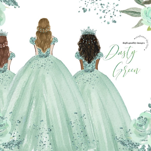 Elegant Dusty Green Princess Dress Clipart, Dusty Green Flowers watercolor, Sage Green Quinceañera clipart, Mexican 15th Birthday, CA158