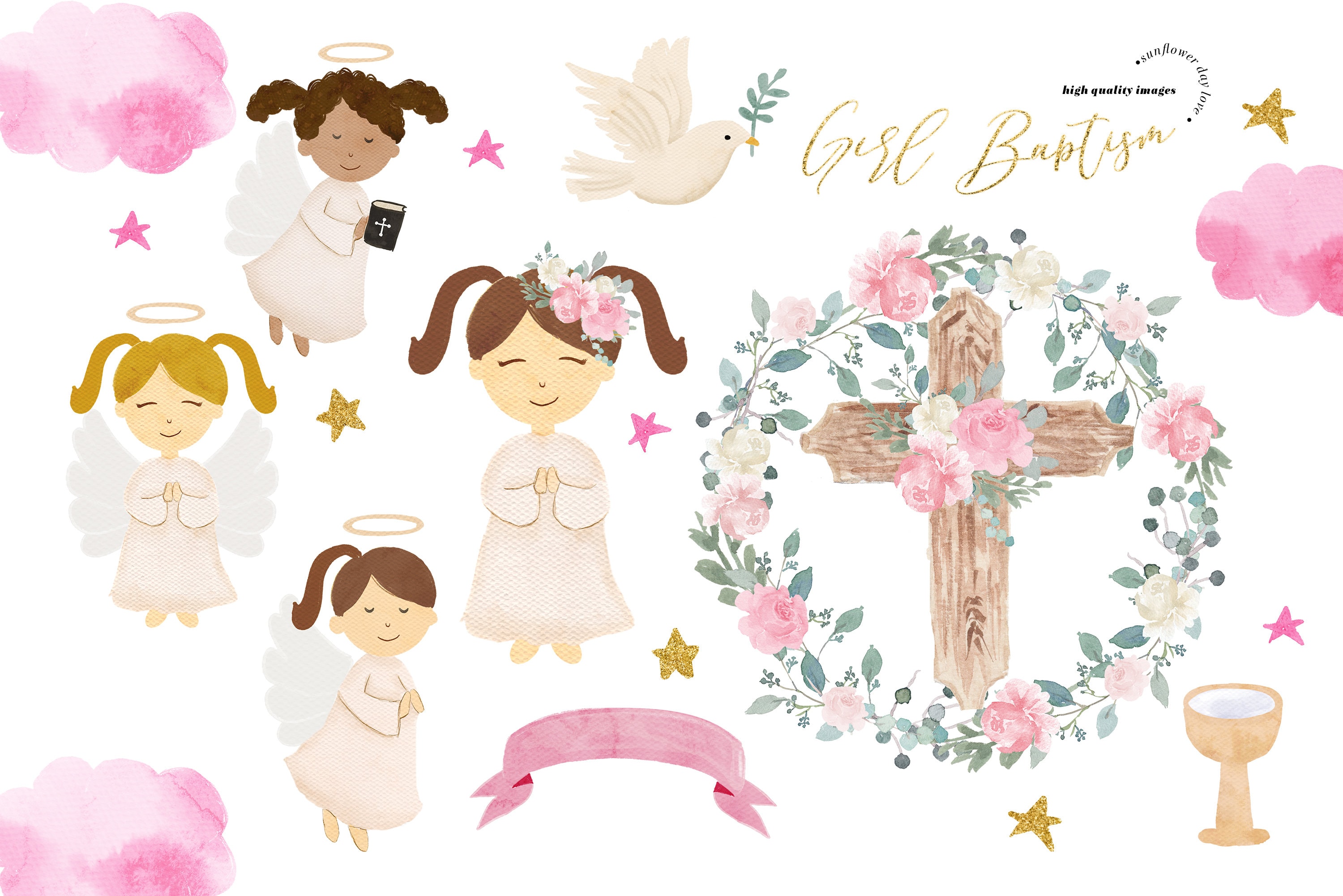 Girl Pink Flowers Cross Baptism Watercolor Clipart Little Etsy