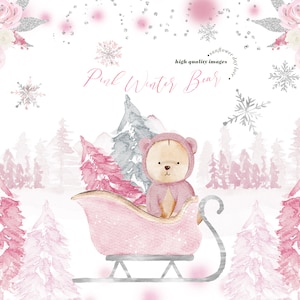 May include: A pink and grey watercolour illustration of a winter scene with a bear in a pink sleigh. The bear is wearing a pink hat and has a brown nose. The background features a snowy forest with pink and grey trees. The text "Pink Winter Bear" is written in cursive at the top of the image.