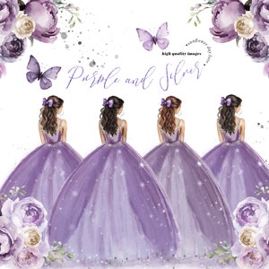 Elegantes Lila Prinzessin Kleider Silber Quinceaëra, Lila Blumen Süßer 16.Geburtstag Aquarell Vorgefertigte Mis Quitte Schmetterling Clipart CA190