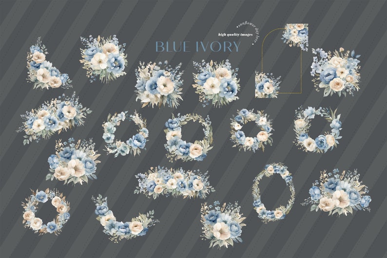 Elegant Navy & Ivory Flowers Watercolor Bouquets Clipart, Blue Floral Wedding Premade Gold Geometric Frames, White Floral Party Supplies image 5