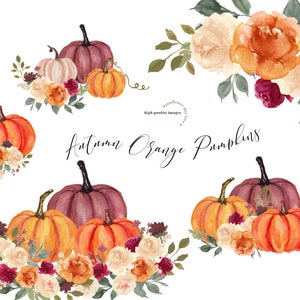 Fall Autumn Orange Pumpkins clipart, Pumpkin watercolor clipart, Burnt Orange Pumpkin Boho Floral Leaves, Greenery Pumpkin Digital Clip art
