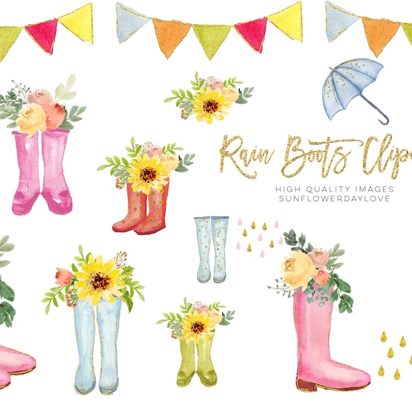 Sonnenblumen Stiefel Aquarell Clipart, Rosa Regenstiefel Clipart, Regenstiefel, Regenschirm Aquarell Clipart, Niedlicher Frühlings-Regenstiefel mit Blume