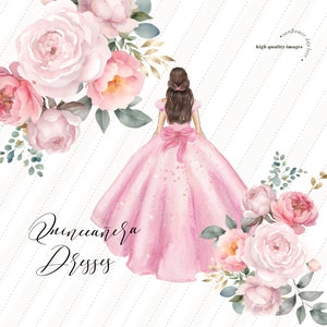 Elegante Rosa Prinzessin Kleider Quinceaňa Rosa Blumen Aquarell Clipart, Gold und Rosa 16