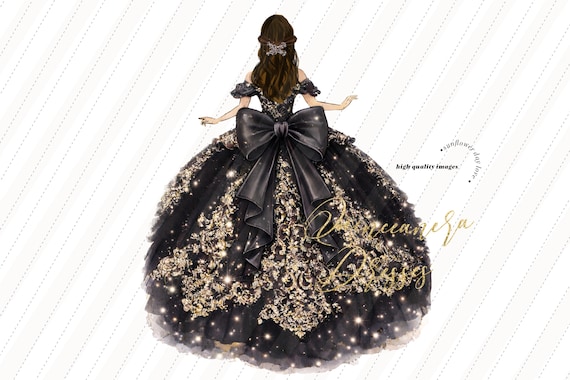 black and gold dress quince Princess Dresses Quinceañera Birthday, Glitter Watercolor Clipart, Elegant Gold Bow Clipart, Mis Clipart Invitation, S530 Summer26