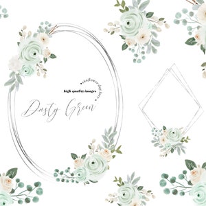 Sage Green Princess Dress Clipart, Sage Green Flowers watercolor clipart, Dusty Green Quinceañera clipart, Wedding Gold Geometric, CA104 image 3