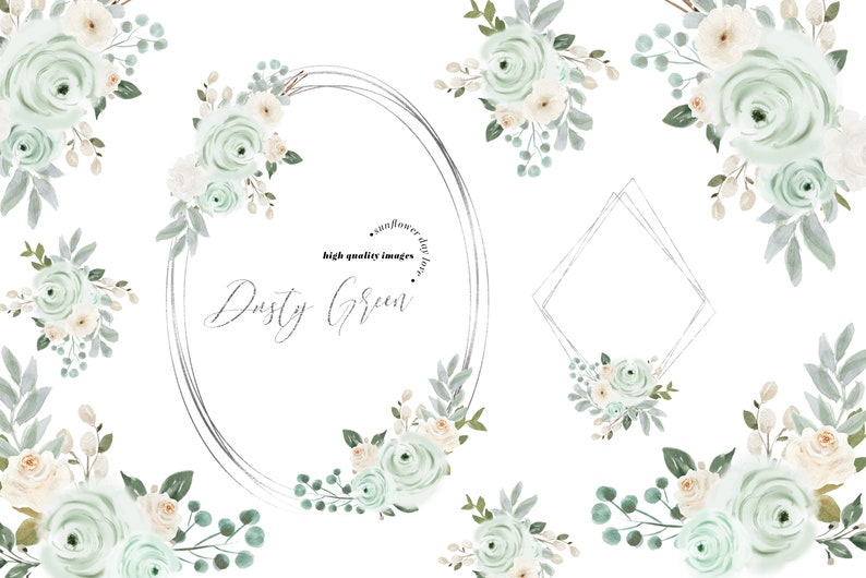 Sage Green Princess Dress Clipart, Sage Green Flowers watercolor clipart, Dusty Green Quinceañera clipart, Wedding Gold Geometric, CA104 image 3