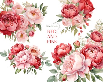 Clipart de bouquets aquarelle de fleurs rouges et roses élégantes, cadres géométriques dorés premade mariage floral rose, fournitures de fête florales bordeaux